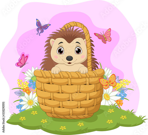 Cartoon baby hedgehog sitting in a basket