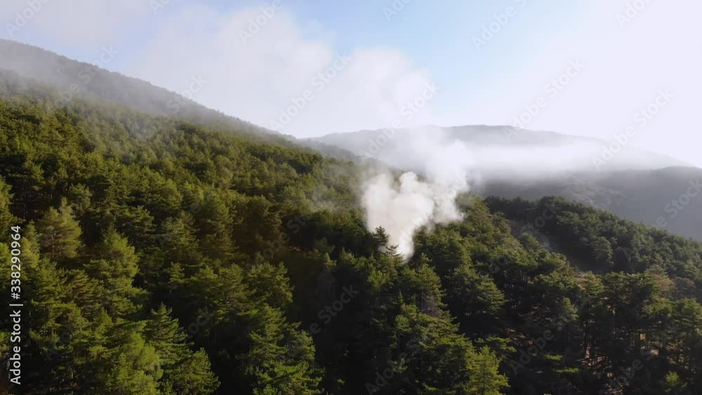 Aerial view of forest fire and smoke. Drone moving forwards. Aerial view of forest fire and smoke. Drone moving forwards.