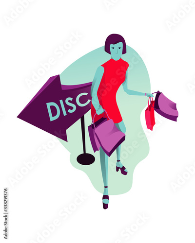 vector Illustrations shopping discount, girl shopping enthusiastic