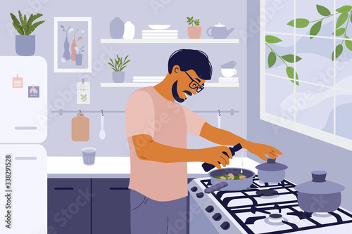 Stay home and cook healthy food yourself. Smiling man cooking homemade meals in small cozy kitchen. Father preparing dinner on big stove. Coronavirus quarantine lockdown. Lifestyle vector illustration