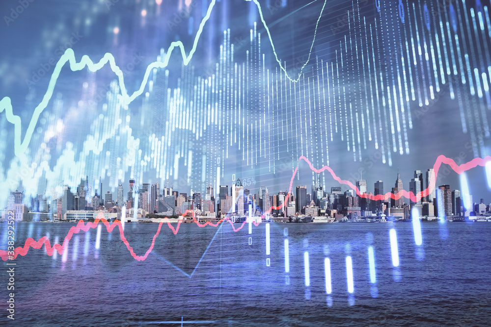 Forex graph on city view with skyscrapers background double exposure. Financial analysis concept.