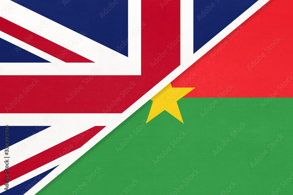 United Kingdom vs Burkina Faso national flag from textile. Relationship between two European and African countries. United Kingdom vs Burkina Faso national flag from textile. Relationship between two European and African countries.
