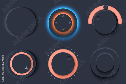 Neumorphic UI circle dark set. Workflow graphic elements in Skeuomorph Trend Design. Circular Elements for smart technology and applications. Editable Vector illustration.