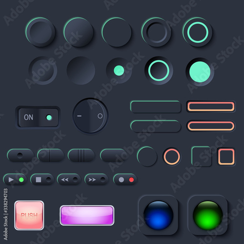 Neumorphic UI button set. Dark color Workflow graphic elements in Skeuomorph Trend Design. Button Elements for smart technology and applications. Editable Vector illustration.