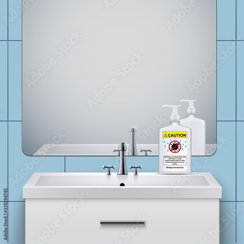 Washbasin cabinet with Sanitizer bottle soap. Concept of Safety in an epidemic and pandemic. Domestic bathroom Interior. Vector Illustration