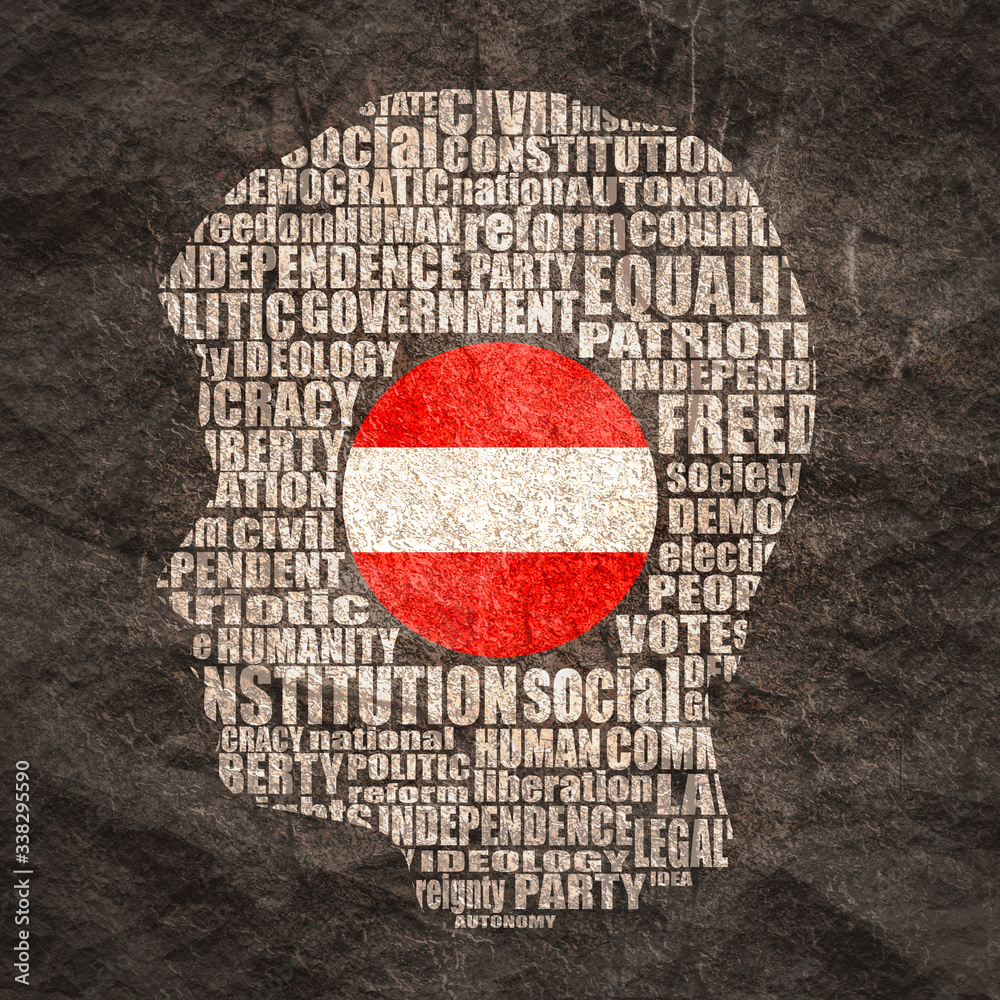 Head of man filled by word cloud. Words related to politics, government, parliamentary democracy and political life. Flag of the Austria Head of man filled by word cloud. Words related to politics, government, parliamentary democracy and political life. Flag of the Austria