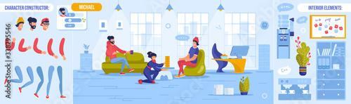 Coworking Open Workspace. Rest Time at Work Day. Worker Character Body Part Constructor Set. Office Interior Element Design. Colleague Talking, Drinking Coffee, Playing Table Game Vector Illustration