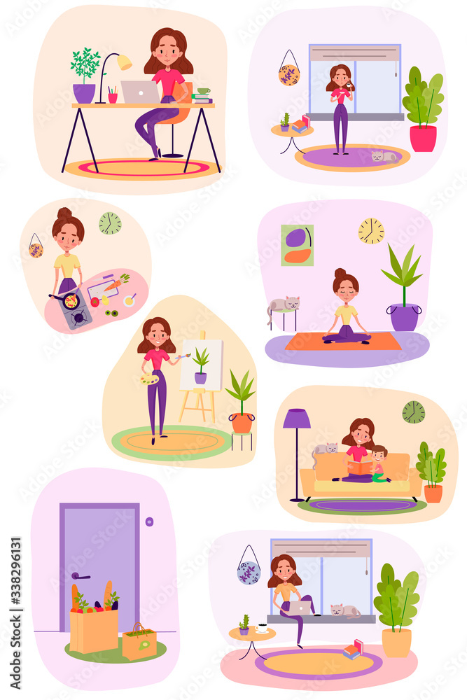 Woman is reading with her son, painting, cooking, doing sports, working remotely as freelancer. Stay at home concept. Vector cute illustration of coronavirus quarantine Woman is reading with her son, painting, cooking, doing sports, working remotely as freelancer. Stay at home concept. Vector cute illustration of coronavirus quarantine