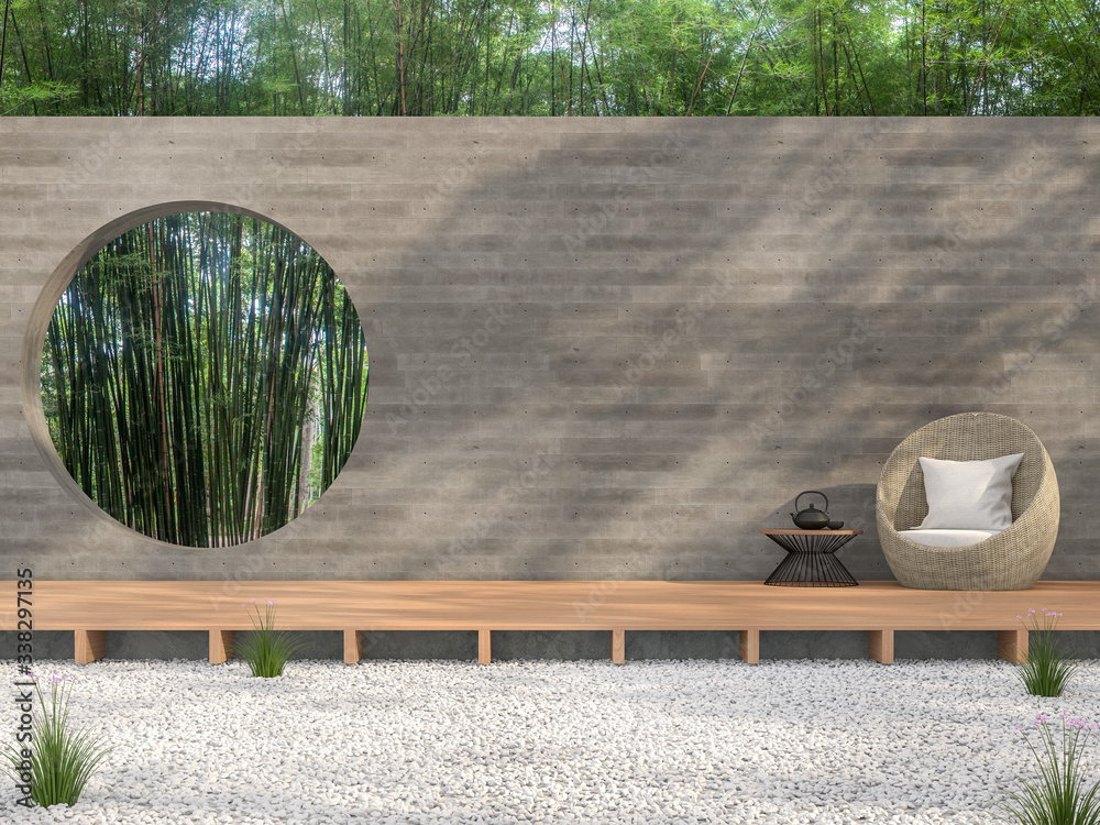 Zen garden style idea 3d render,There are white stone ground,wooden