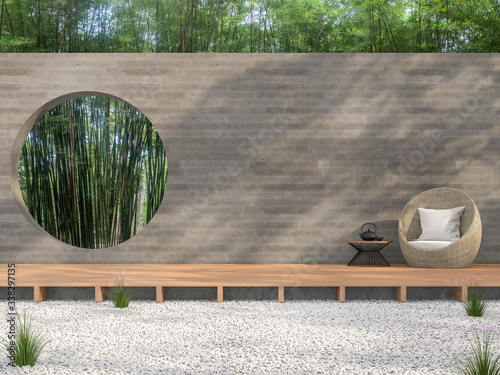 Zen garden style idea 3d render,There are white stone ground,wooden terrace,blank concrete wall with circle shape of void overlooking bamboo garden background.