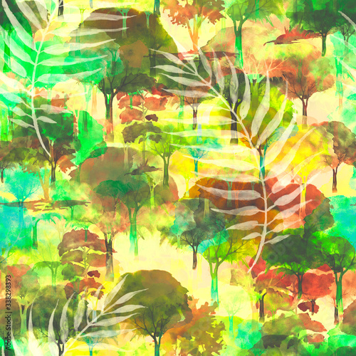 Watercolor seamless pattern. Silhouette of a tree, bush, forest. fashionable pattern for wallpaper, fabrics, design. green, night trees.Cedar, oak, birch, poplar, linden, aspen. Mixed forest