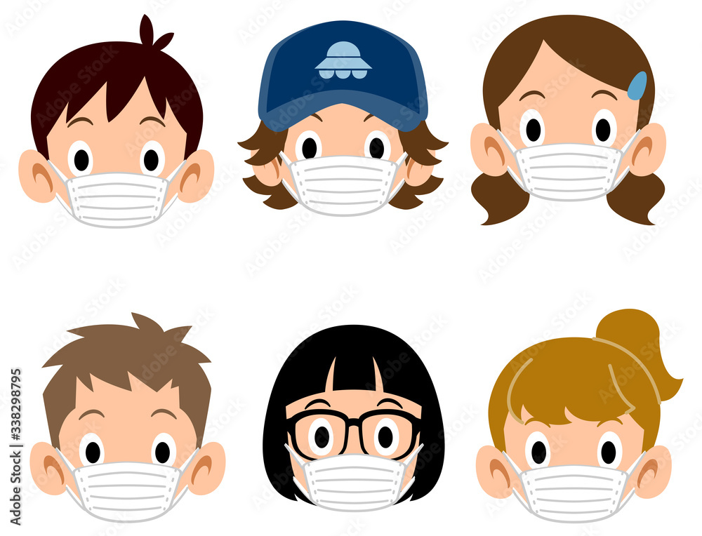 マスクをつけた6種類の子どもたちの顔
マスクをつけた6種類の子どもたちの顔
