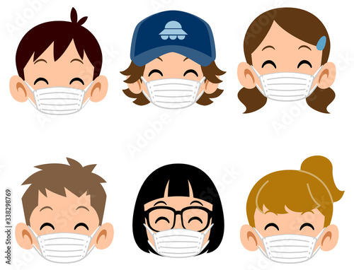 マスクをつけた6種類の子どもたちの笑顔
