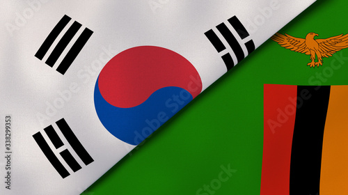 The flags of South Korea and Zambia. News, reportage, business background. 3d illustration photo