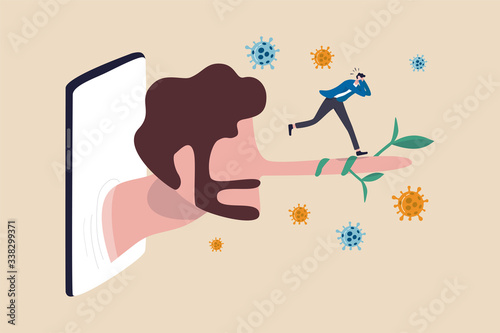 Fake news or misleading information of Coronavirus COVID-19 that people share on social media and internet, man panic running away on long nose liar talking people from social media app mobile phone.