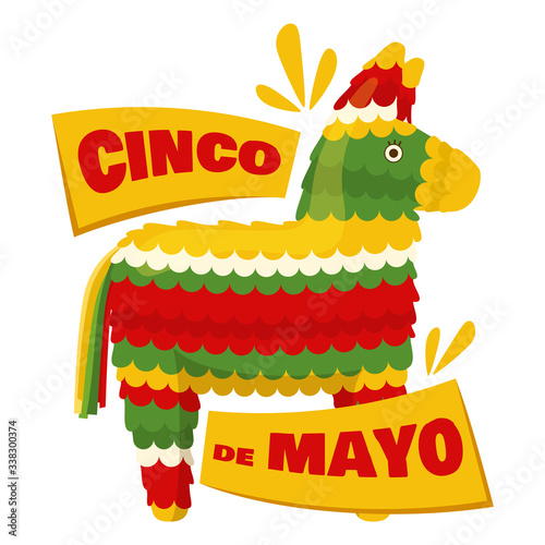 Cinco de mayo - mexican traditional fiesta, badge with donkey pinata. Vector
