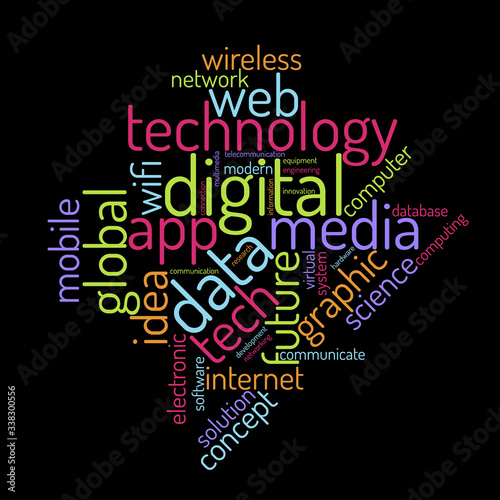 Technology word cloud. Innovative concept. Collage made of words. Vector colorful illustration. Isolated on black background.