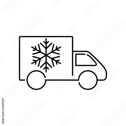 Símbolo de transporte refrigerado. Icono plano lineal camión con estrella de frío en color negro