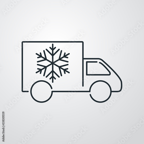 Símbolo de transporte refrigerado. Icono plano lineal camión con estrella de frío en fondo gris