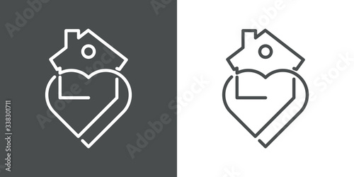 Símbolo agencia inmobiliaria. Icono plano lineal nudo de casa con corazón enlazado en fondo gris y fondo blanco