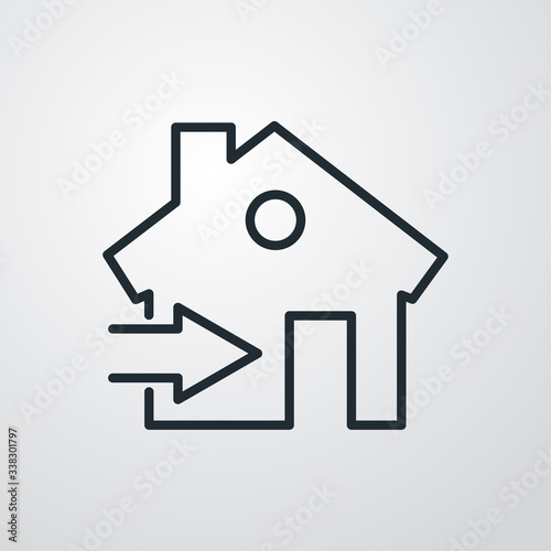 Símbolo quédate en casa. Icono plano lineal casa con flecha en fondo gris