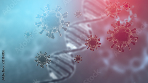 DNA chain and coronavirus Covid-19. Abstract medical background  microbiological environment under the microscope. 3d illustration