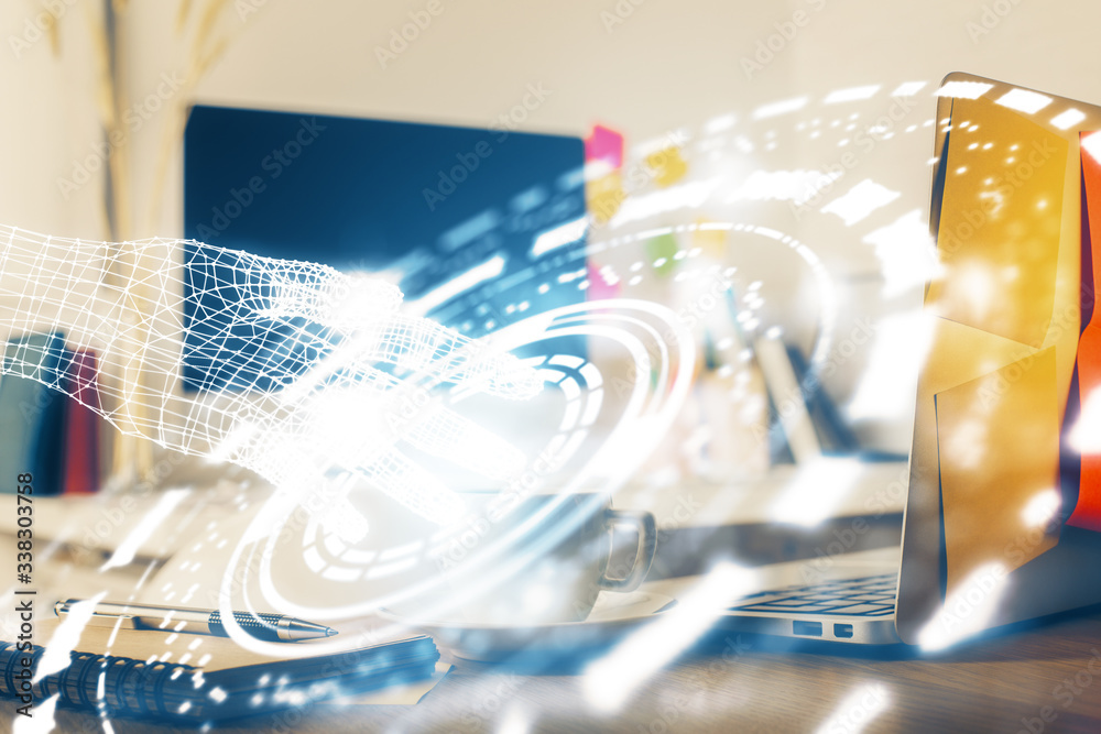 Multi exposure of desktop computer and technology theme hologram. Concept of software development.