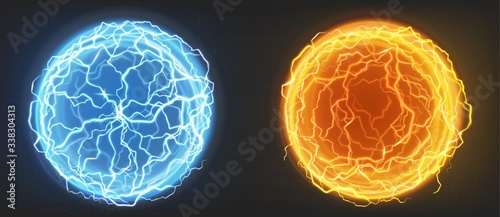 Electric balls, plasma spheres, lightning circle strike in blue and orange colors. Powerful electrical discharge, magical energy flash isolated on black background, Realistic 3d vector illustration