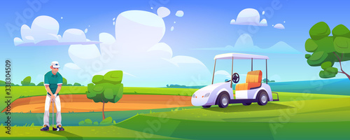 Golfer playing golf on green field hitting ball with club near cart on nature course landscape background with sand bunker and trees under blue cloudy sky. Sport tournament cartoon vector illustration
