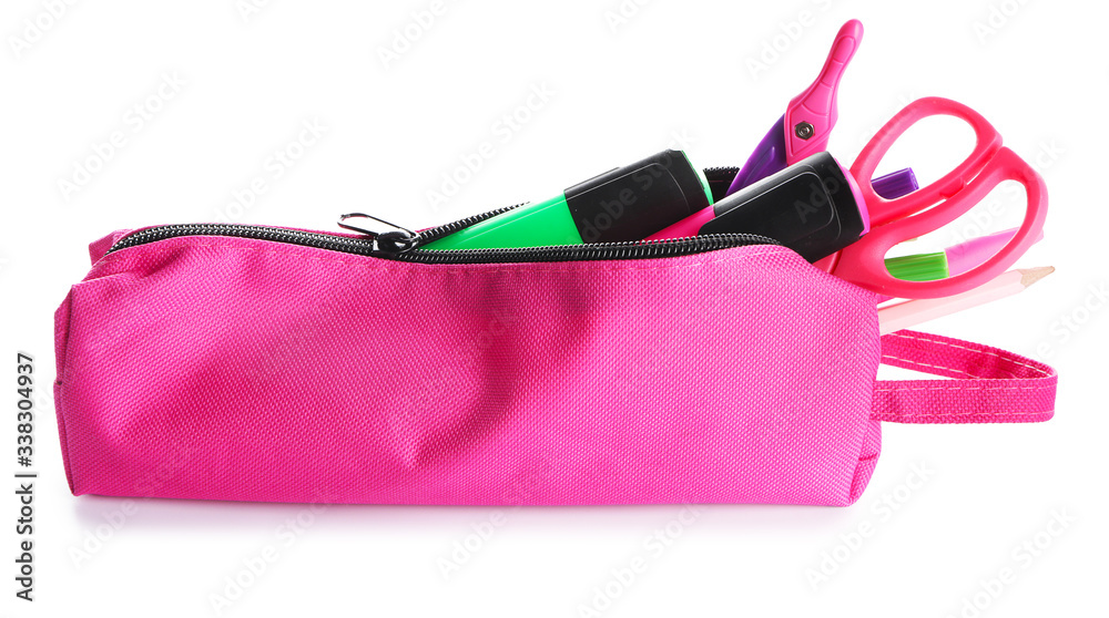 Pencil bag with stationery on white background Pencil bag with stationery on white background