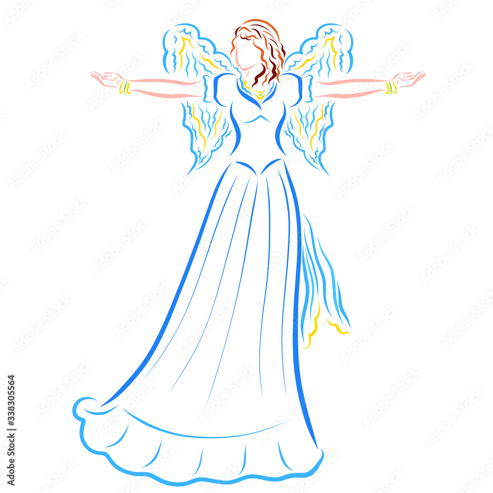winged woman stands or dances arms outstretched