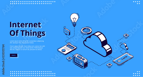 Internet of things banner. Technology of smart home concept. Vector landing page of house control system with isometric icons of cloud computing, smartphone and clock