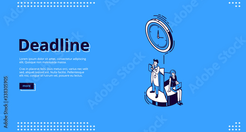 Deadline banner. Concept of important event on due date and countdown. Vector landing page of project deadline, timer notification with isometric icon of clock and working people