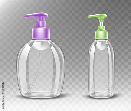 Empty plastic bottle with dispenser pump for liquid soap, antibactrial gel, sanitizer or cosmetic product. Vector realistic mockup of transparent package for antiseptic cleanser