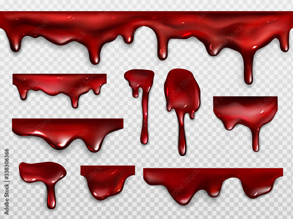Dripping blood, red paint or ketchup. Scary decoration for Halloween or horror design. Vector realistic set of shiny drops and flow liquid gore, syrup dribble isolated on transparent background