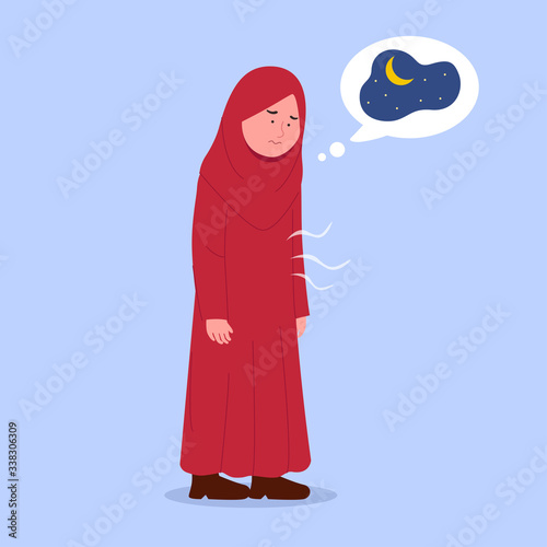 Little Hijab Girl Hungry Waiting Iftar Time Cartoon Illustration
