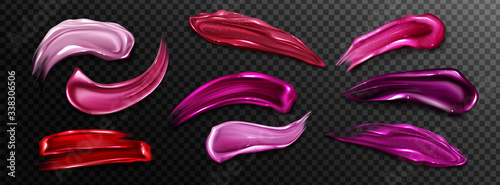 Lipstick swatches, smudges of liquid gloss for makeup palette isolated on transparent background. Vector realistic mockup of bright red, rose and pink smears of female cosmetic