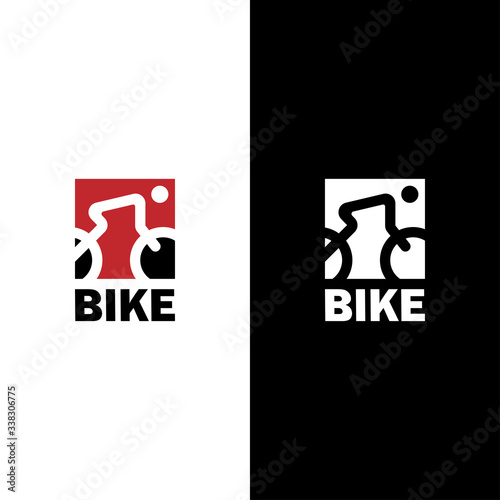 Bicycle logo vector with line art of cyclist and bike in square shape