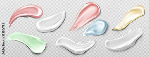 Cosmetic cream smear, toothpaste smudge realistic vector set illustrations. Gel moisturizer, makeup concealer, cosmetic face mask or serum texture swatch isolated on transparent background