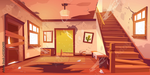 Old abandoned house with mess and broken furniture at daytime. Vector cartoon interior of empty home hallway with dirty walls, boarded up door, garbage, broken wooden staircase and crack in floor