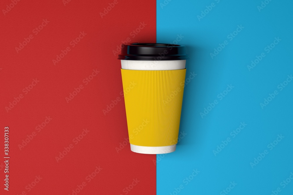 take away coffee cup on colorful paper red blue background take away coffee cup on colorful paper red blue background