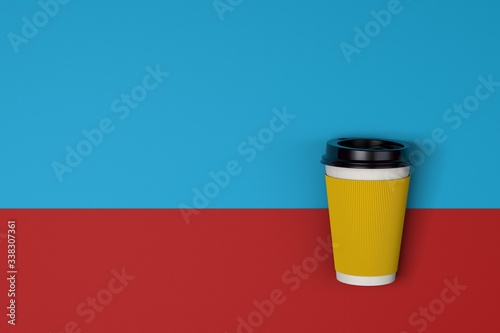 take away coffee cup on colorful paper red blue background