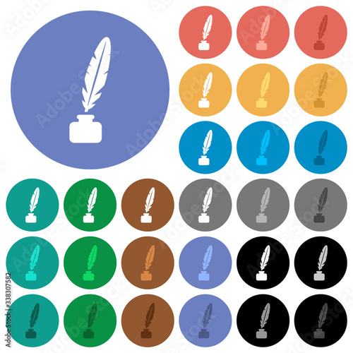 Feather in ink bottle round flat multi colored icons