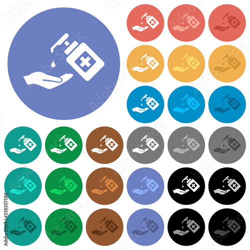 Hand washing with hand sanitizer round flat multi colored icons