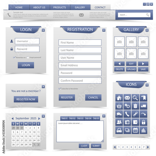 Collection elements navigation for website in blue design