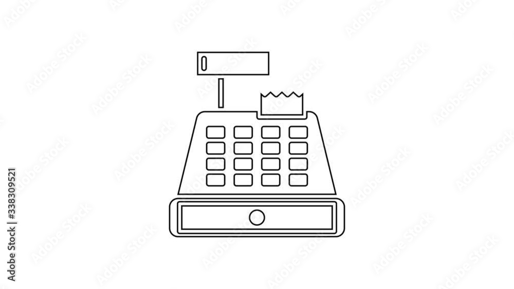 Black line Cash register machine with a check icon isolated on white background. Cashier sign. Cashbox symbol. 4K Video motion graphic animation Black line Cash register machine with a check icon isolated on white background. Cashier sign. Cashbox symbol. 4K Video motion graphic animation