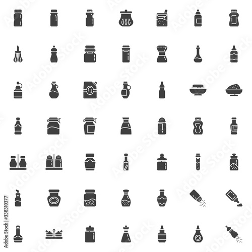 Condiment sauces vector icons set  modern solid symbol collection  filled style pictogram pack. Signs  logo illustration. Set includes icons as Spices bottles  mustard  mayonnaise  ketchup  peper