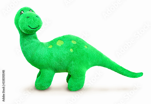 Fototapeta Naklejka Na Ścianę i Meble -  Brontosaurus plush toy. Isolated on white background with natural shadow. Brontosaur stuffed toy on white bg.