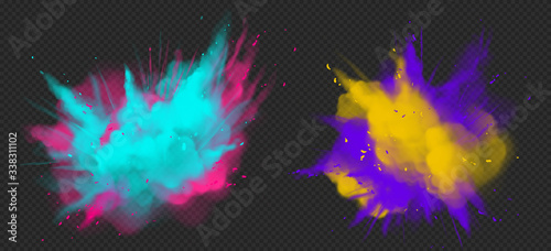 Holi paint powder color explosion realistic vector illustration. Blue pink, yellow purple dust splash, spring holiday paint burst isolated on dark transparent, decorative element for indian fest photo