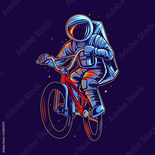 Vászonkép astronaut vector jumping with bmx bike vector illustration